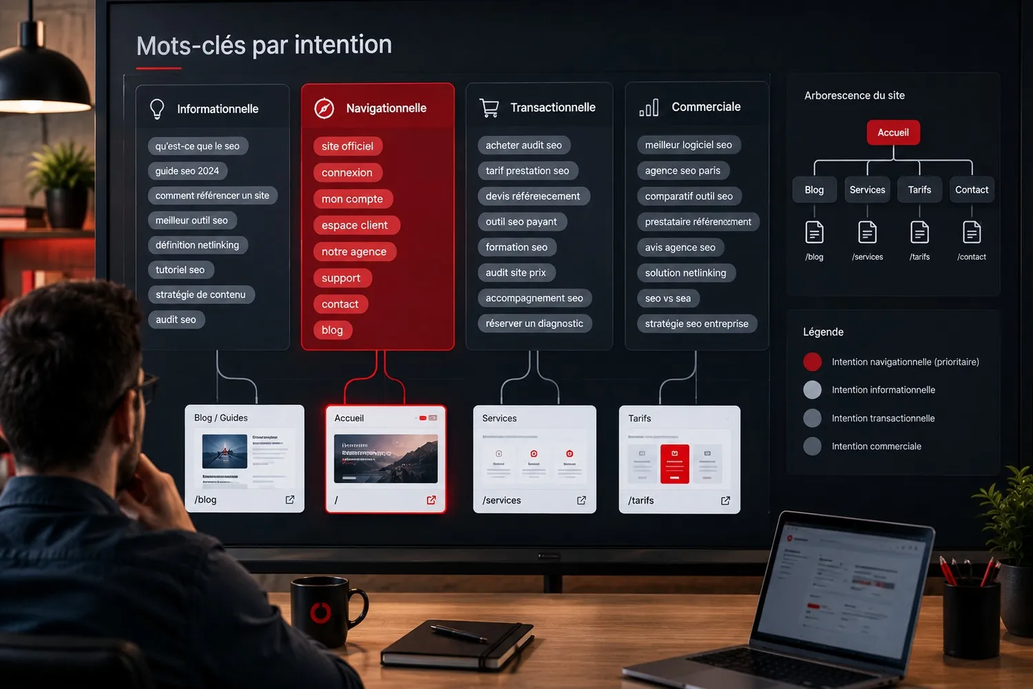 Analyse sémantique classant les mots clés par intention de recherche pour un audit SEO de contenu