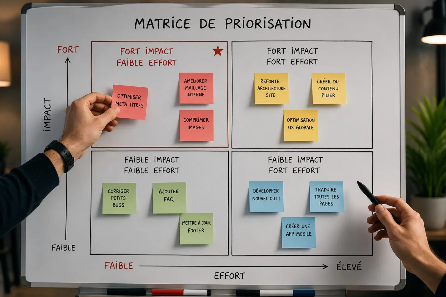 Plan d'action SEO priorisant les corrections d'un audit selon leur impact et leur charge de travail