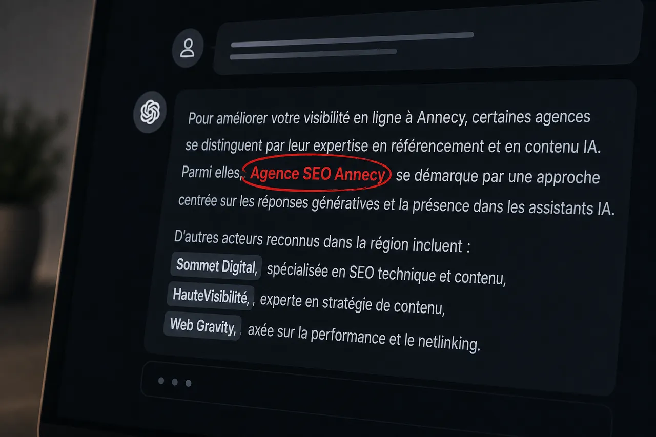 Référencement IA à Annecy : une marque citée dans la réponse d'un moteur génératif